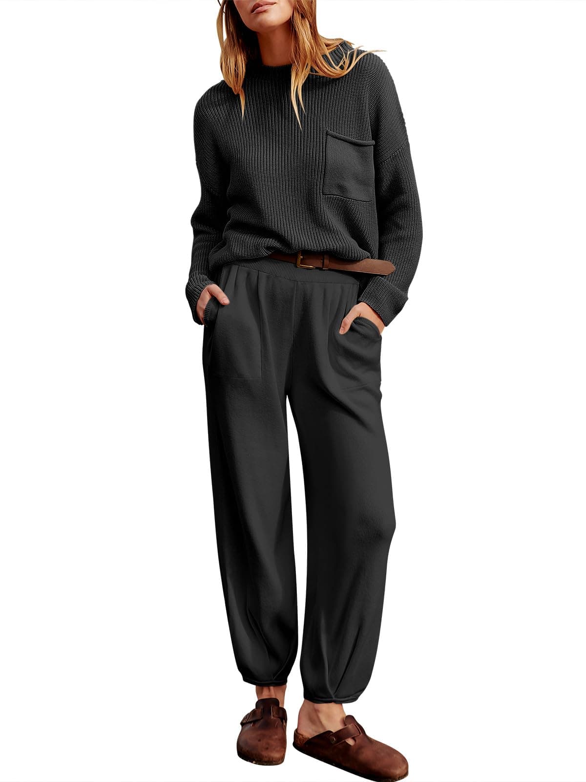 ANRABESSWomen's Two Piece Outfits Long Sleeve Knit Top Fall Sweater Set Oversized Pants Tracksuit Lounge Sets