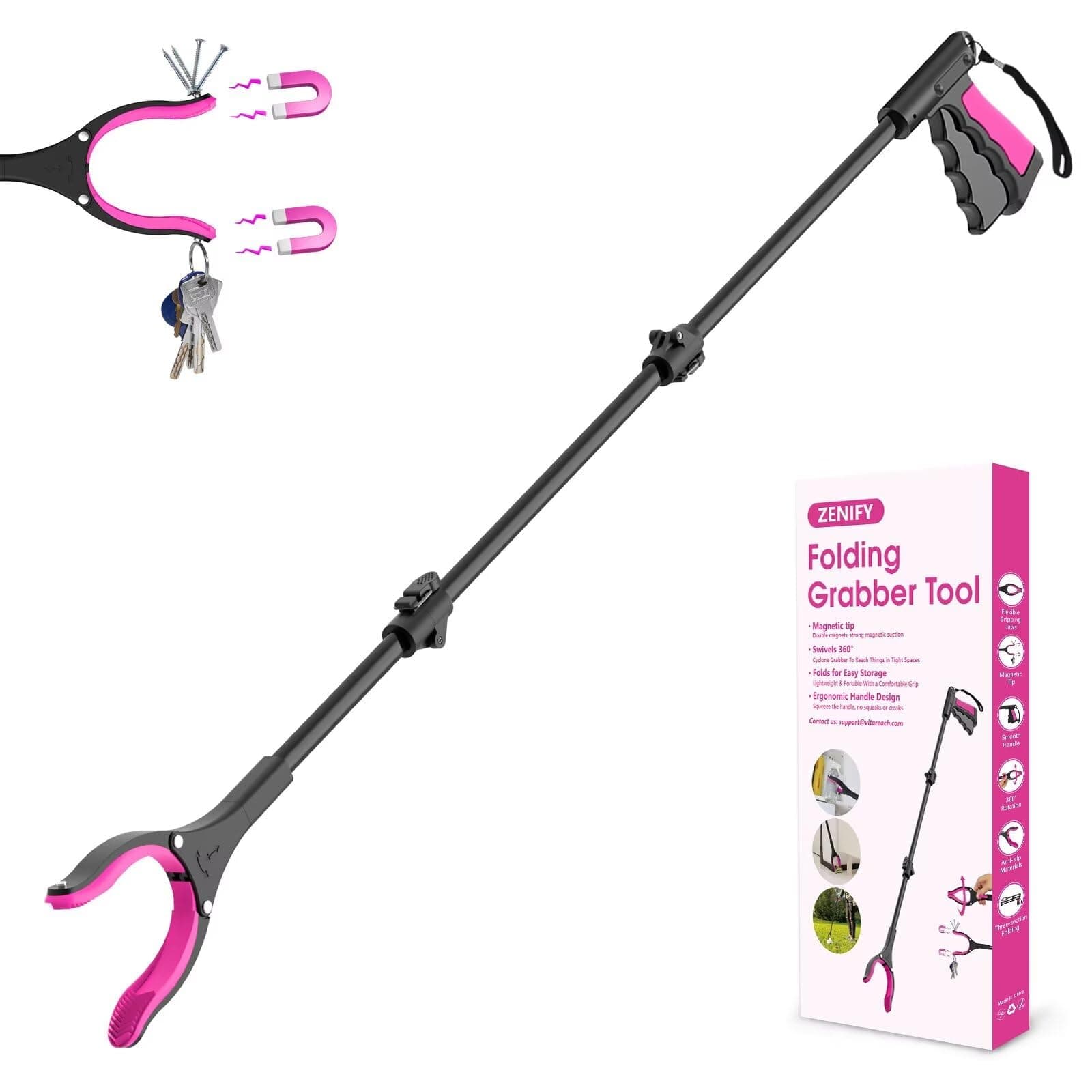 48-Inch Long Reach Grabber Pickup Tool - Pink Long Grabber Reacher Tool with 360° Rotating Jaw, Foldable Extended Trash Picker Upper for Seniors, Tall Users (Magnetic Tip, Anti-Slip)