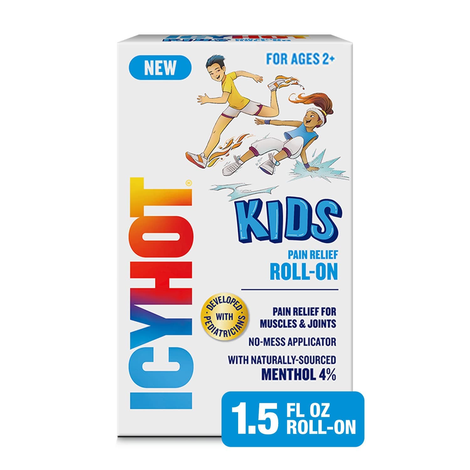 Icy Hot Kids No-Mess Pain Relief Roll-On Liquid with Naturally-Sourced Menthol 4%, Developed with Pediatricians, 1.5 oz.