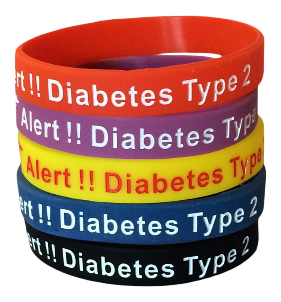 Type 2 Diabetes Bracelets Silicone Medical Alert Wristbands(Pack of 5) Blue, Yellow, Red, Black, Purple