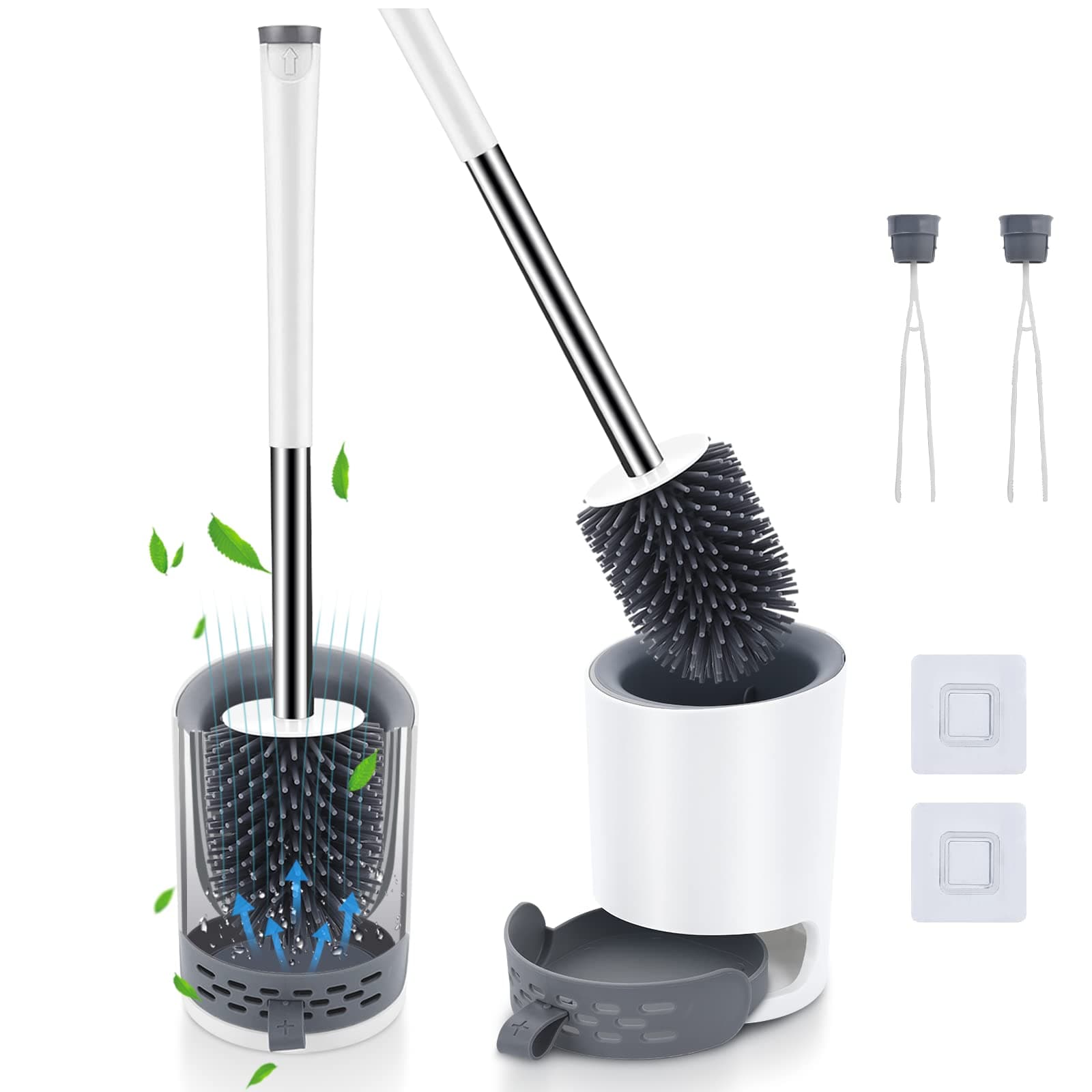 Lemecima 2 Pcs Toilet Brushes & Holders Silicone Toilet Brush with Quick Drying Holder Hidden Tweezers Flexible Toilet Bowl Brush with Adhesive Hooks Flooring/Mounted Wall for Toilet Bathtub Washstand