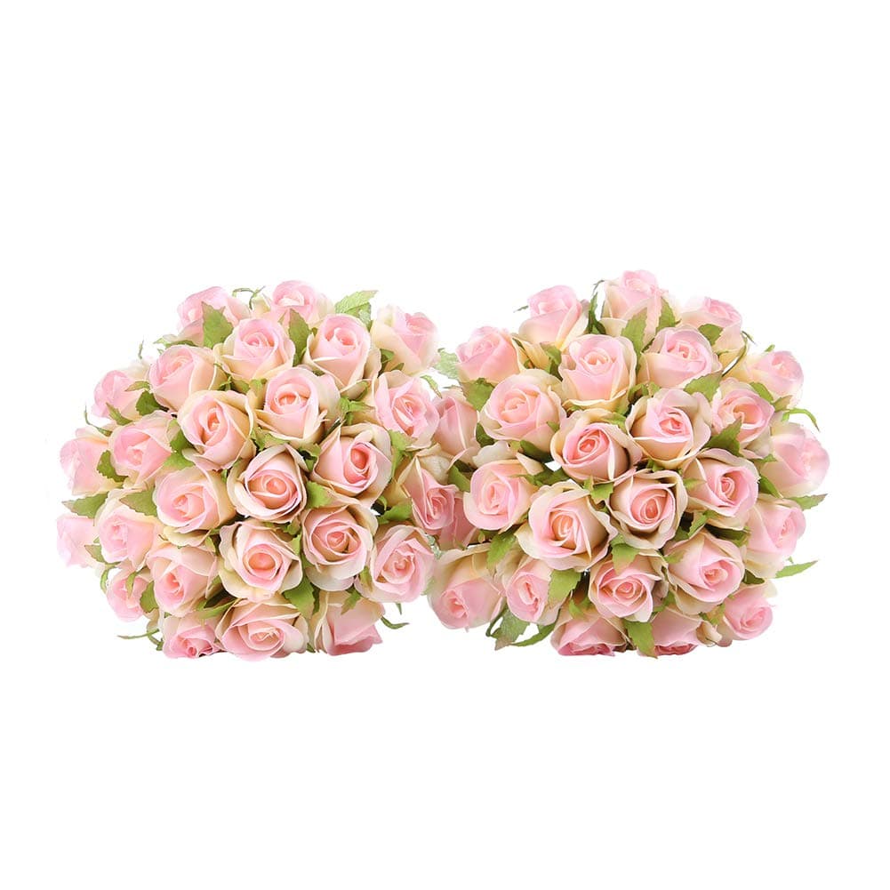 Wedding Flower Artificial Flowers for Room Home Hotel Party Event Decoration Silk Mini Rose Bud 2 Set (Pink)