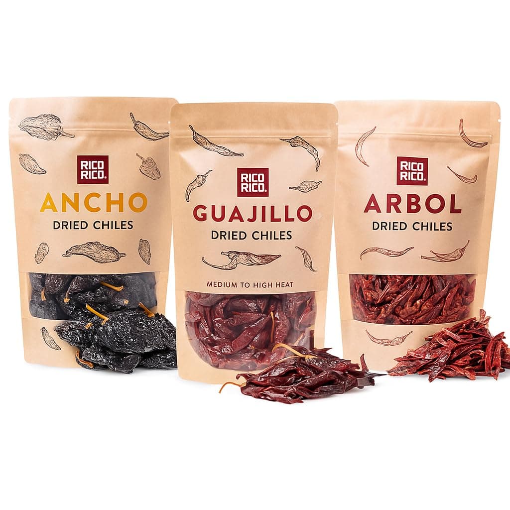 RICO RICO Dried Chile Peppers 3 Pack (12 Oz) - The Spicy Trio - Ancho, Guajillo & Arbol Chiles for Authentic Mexican Recipes, Smoky & Spicy Flavor, Resealable Bags