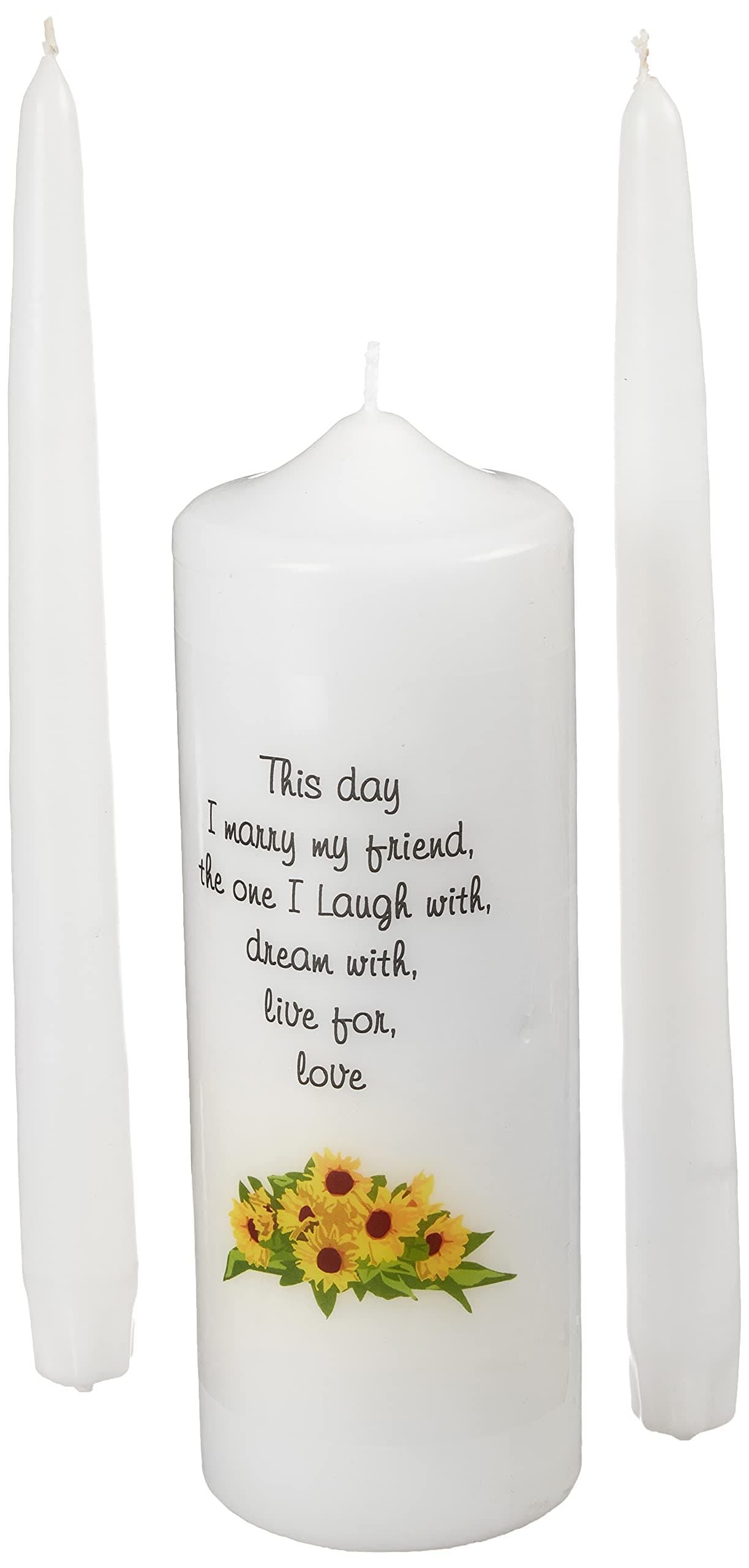Celebration CandlesWedding Unity 9-Inch This Day I Marry My Friend Pillar Candle with Sunflower Motif and 10-Inch Taper Candle Set, White