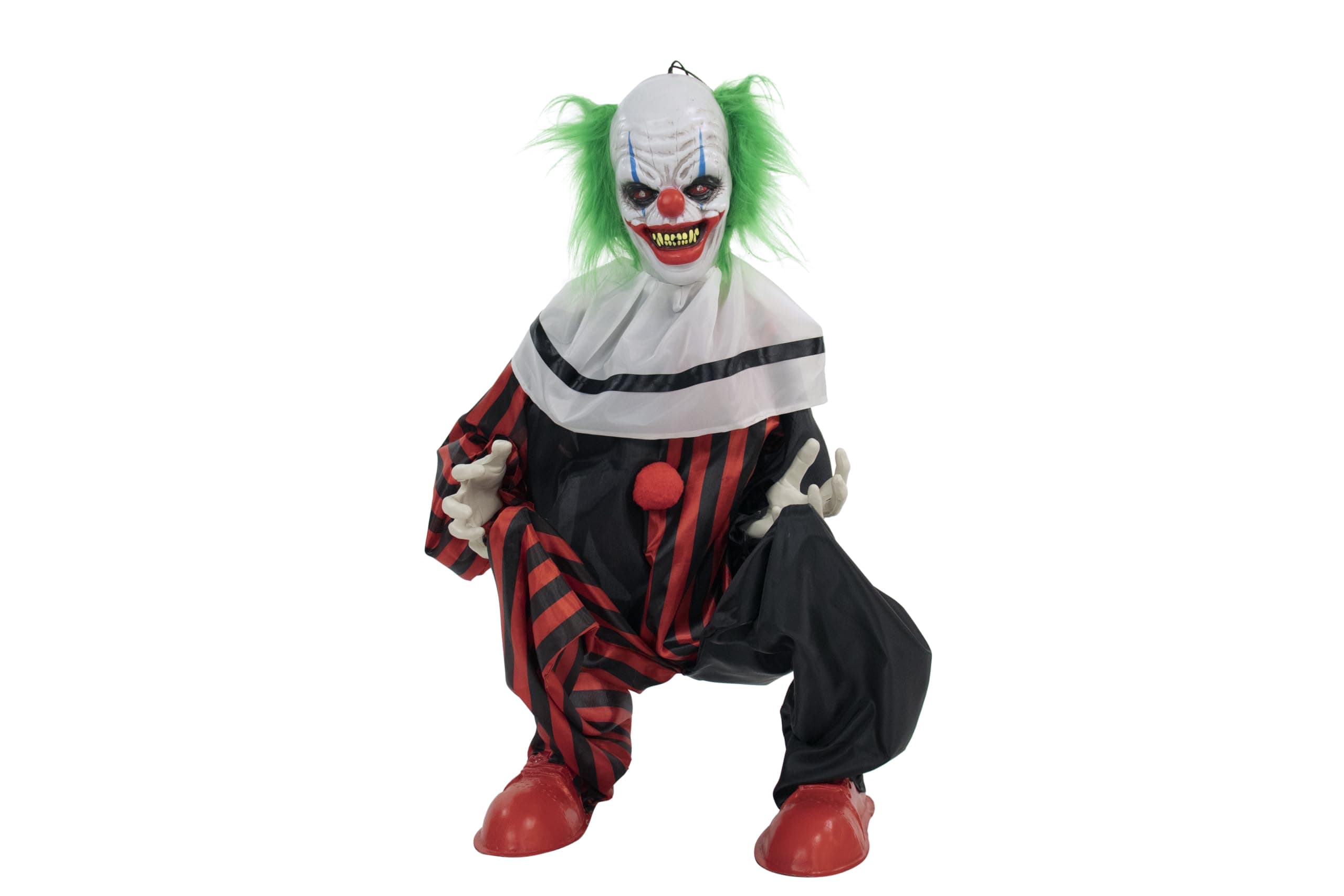 Haunted Hill Farm Life-Size Scary Animatronic Talking Crouching Clown with Motion, Touch Activated Lights, and Sounds, Indoor or Covered Outdoor Halloween Decorations, Battery Operated Halloween Prop