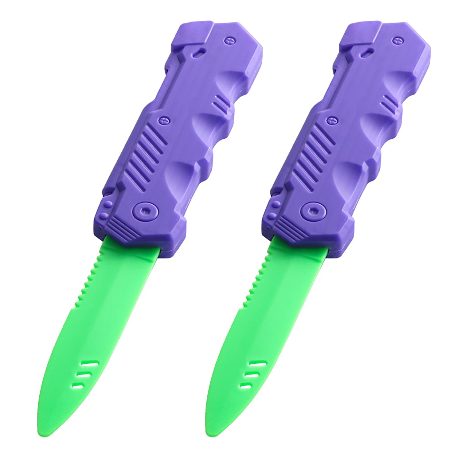 Retractable Plastic Toy Knives - 2 Pack - Safe and Fun for Kids and Adults - Great for Halloween, Cosplay, Magic Tricks and More Purple Handle Green Blade