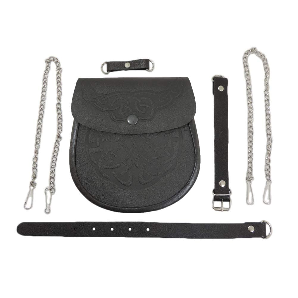 Authentic Black Leather Scottish Kilt Sporran Pouch and Belt