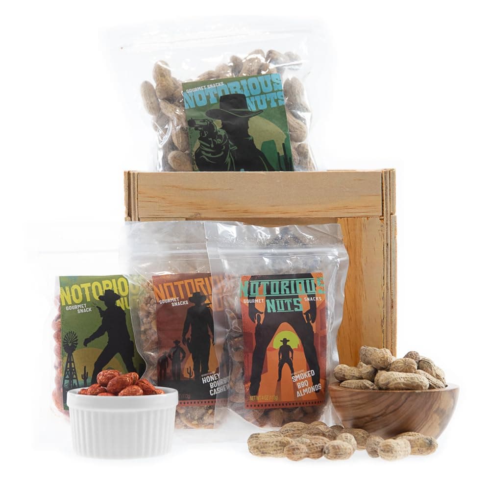 Man Crates Saloon Nuts Mini Crate – Flavorful Food Gift For Men – Includes Butter Toffee Almonds, Jalapeño Garlic Cashews and More – Ships In A Sealed Wooden Crate With A Laser-Etched Crowbar