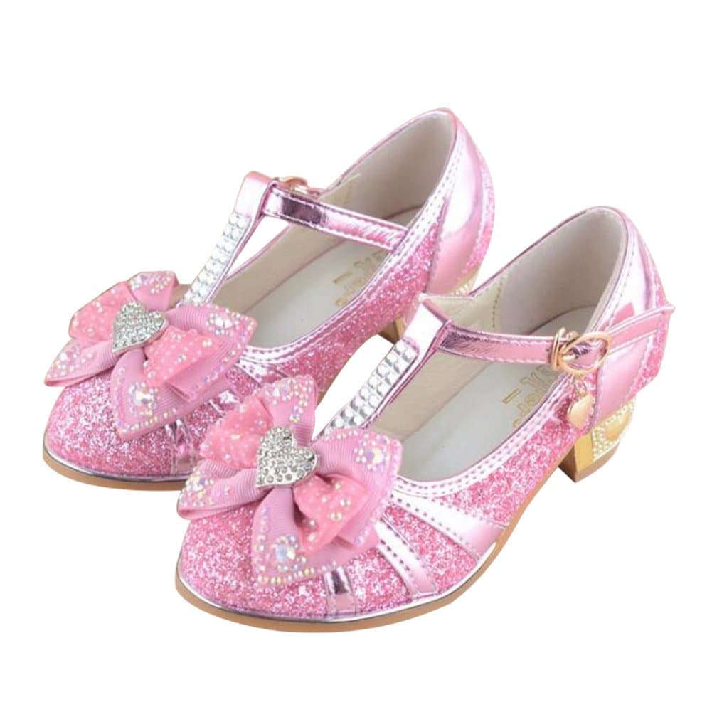 Adingshine Girls Mid Heel Glitter Sandals Mary Jane Dress Pumps with T Strap