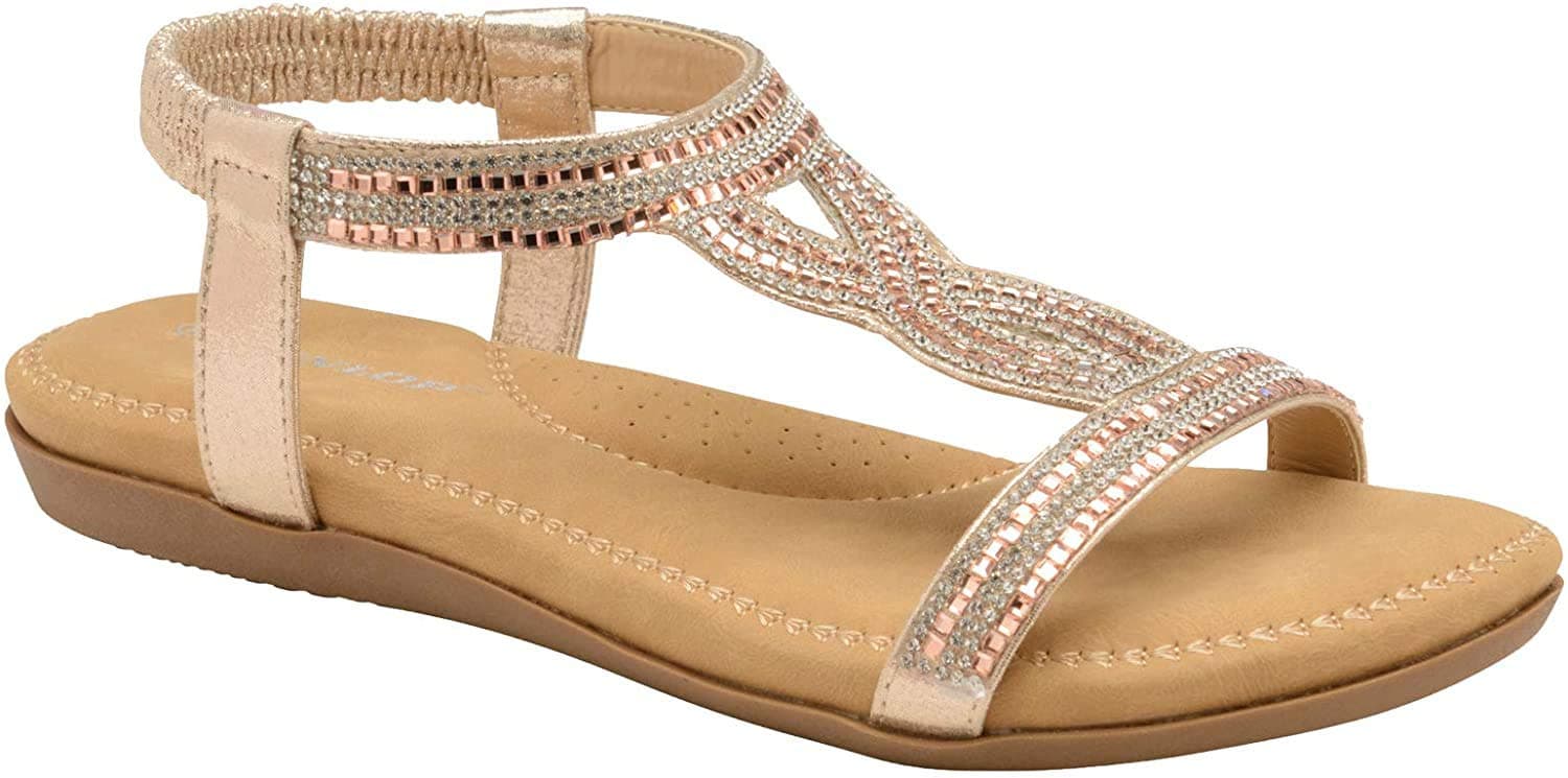 Dunlop Ladies Women's Summer Folk Round Clip Toe Sandals Beach Flip Flops Flat Elastic T-Strap Post Thong Sandals Shoes (5 UK, Cynthia Rose Gold, numeric_5)