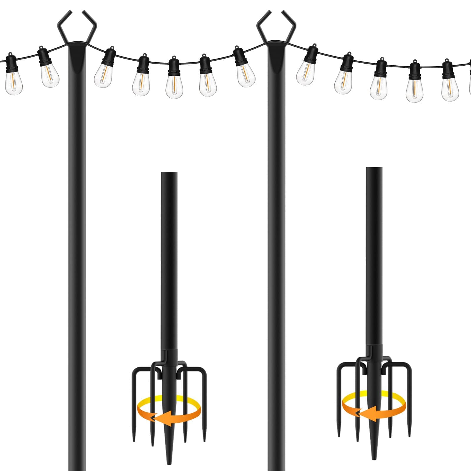 2 Pack 10 ft Heavy Duty Metal String Light Poles Adjustable Outdoor Lighting Stand for Patio,Backyard,Garden,Party & Wedding Rustproof & Sturdy with Hooks