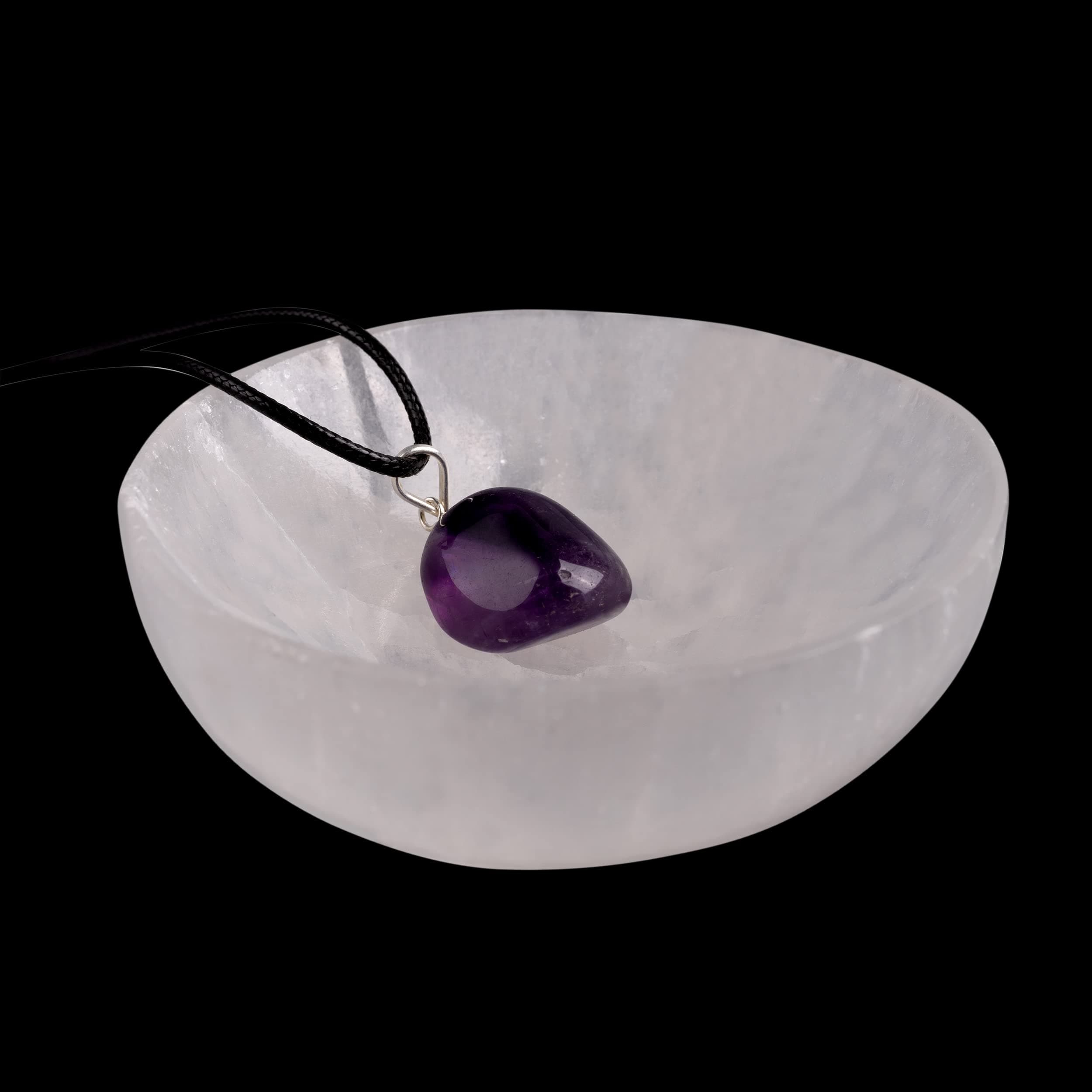 Selenite Bowl with Amethyst Necklace – 4" Selenite Crystal Bowl – Mined and Crafted in Morocco – Ideal for Cleansing and Recharging Crystals and Healing Stones, Meditation, and Decor