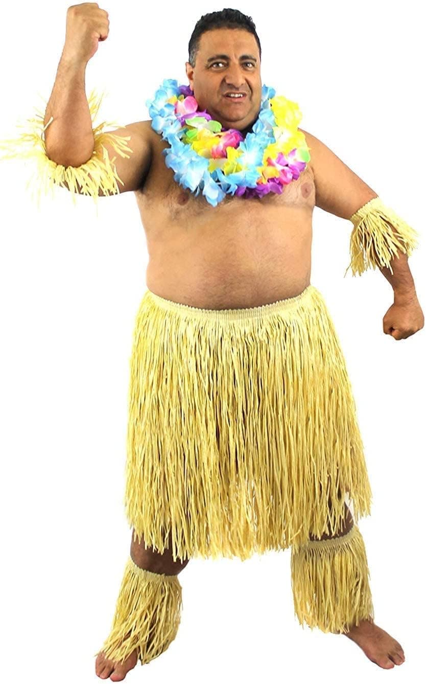 Mens Zulu Accessory Set - Plus Size - Natural Grass Skirt + Arm & Leg Cuffs - Hawaiian Tribal Hula Warrior Fancy Dress Accessory Set