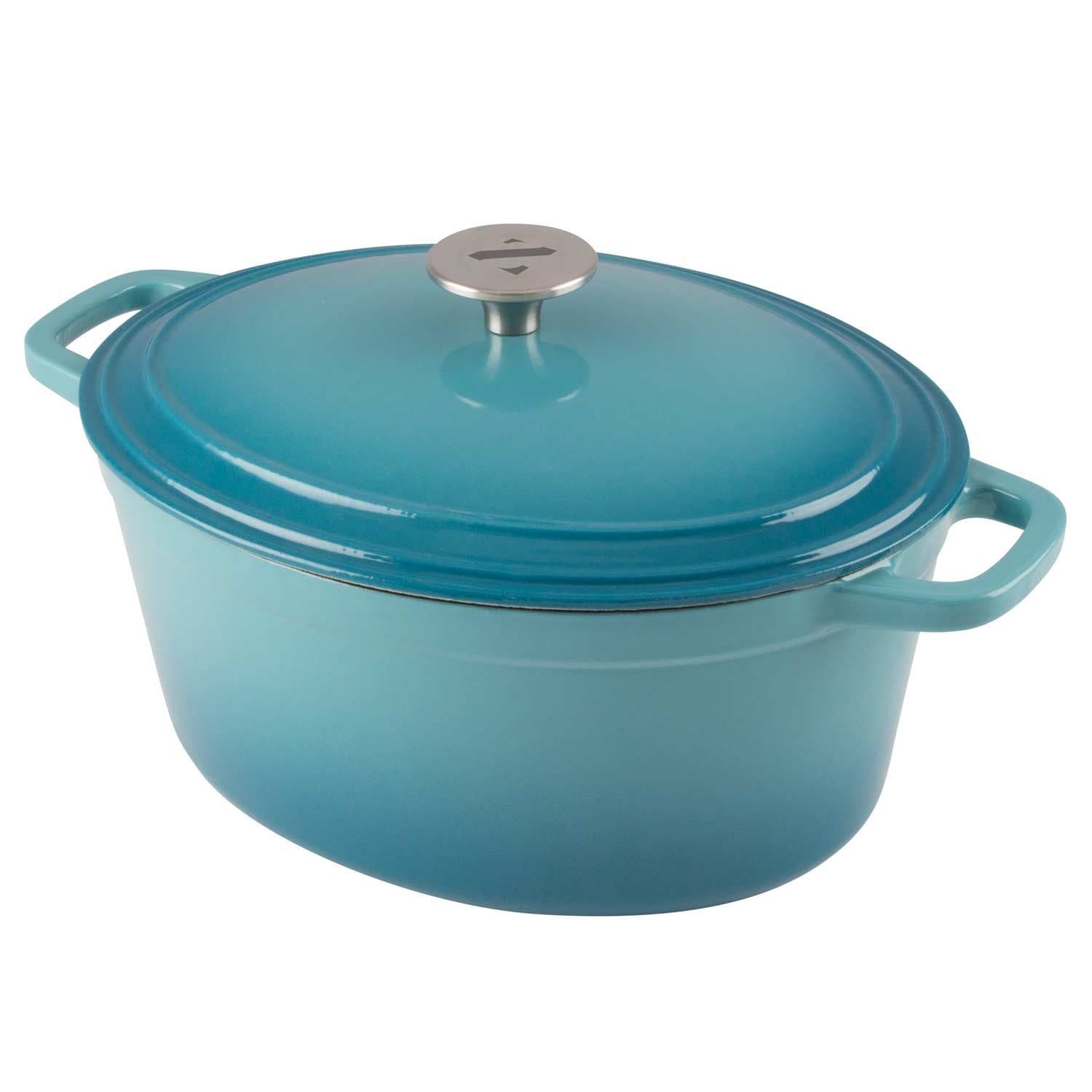 Cookware 6-Quart Enameled Cast Iron Oval Dutch Oven Cooking Dish with Skillet Lid, Teal