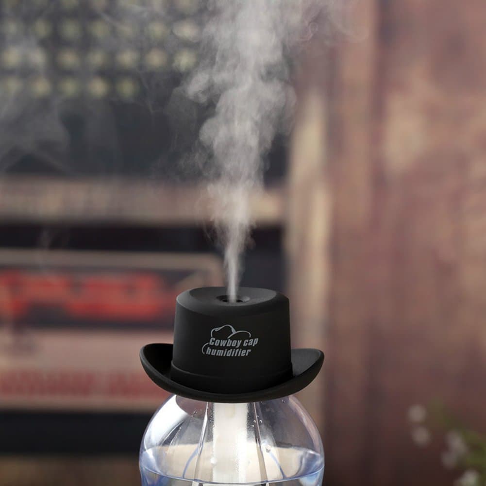 PIUPIU Mini Cowboy Hats USB Mist Water Bottle Humidifier Portable Ultrasonic Sprayer Essential Oil Aroma Diffuser for Car Yoga Office Bedroom 3 Hours Auto Power Off (Black)