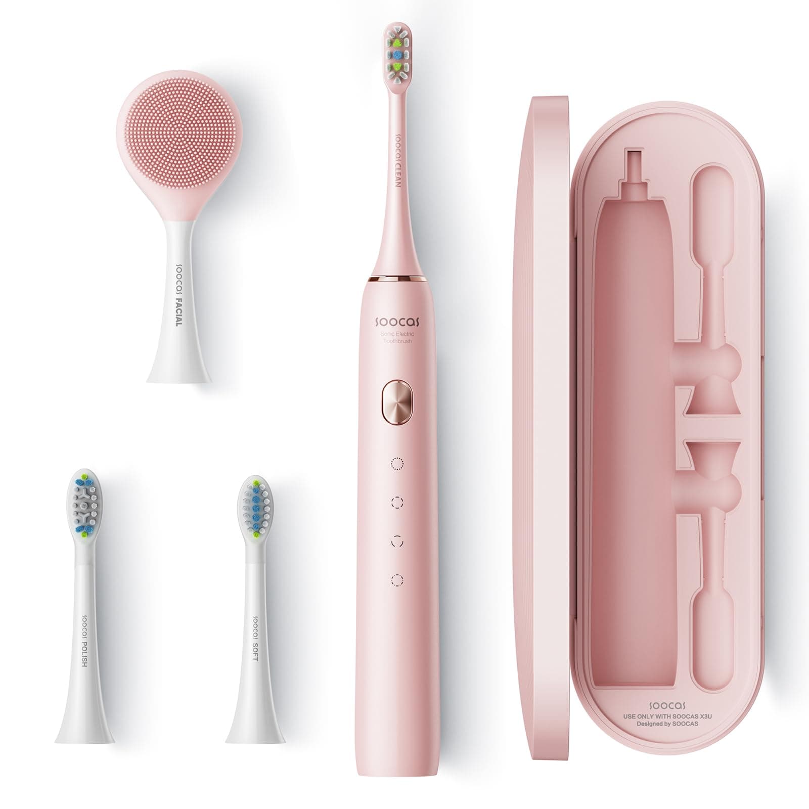 Soocas Electric Toothbrush for Adults, 4 Modes, 3 Heads, Pink, Rechargeable, Sonic