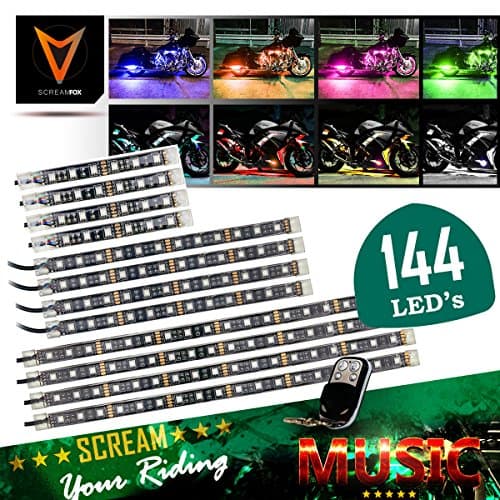 SCREAMFOX Motorcycle LED Light Kit 12 LED Strips 144 LED's with Music Mode Remote Controller 24 Color Neon Light Glow