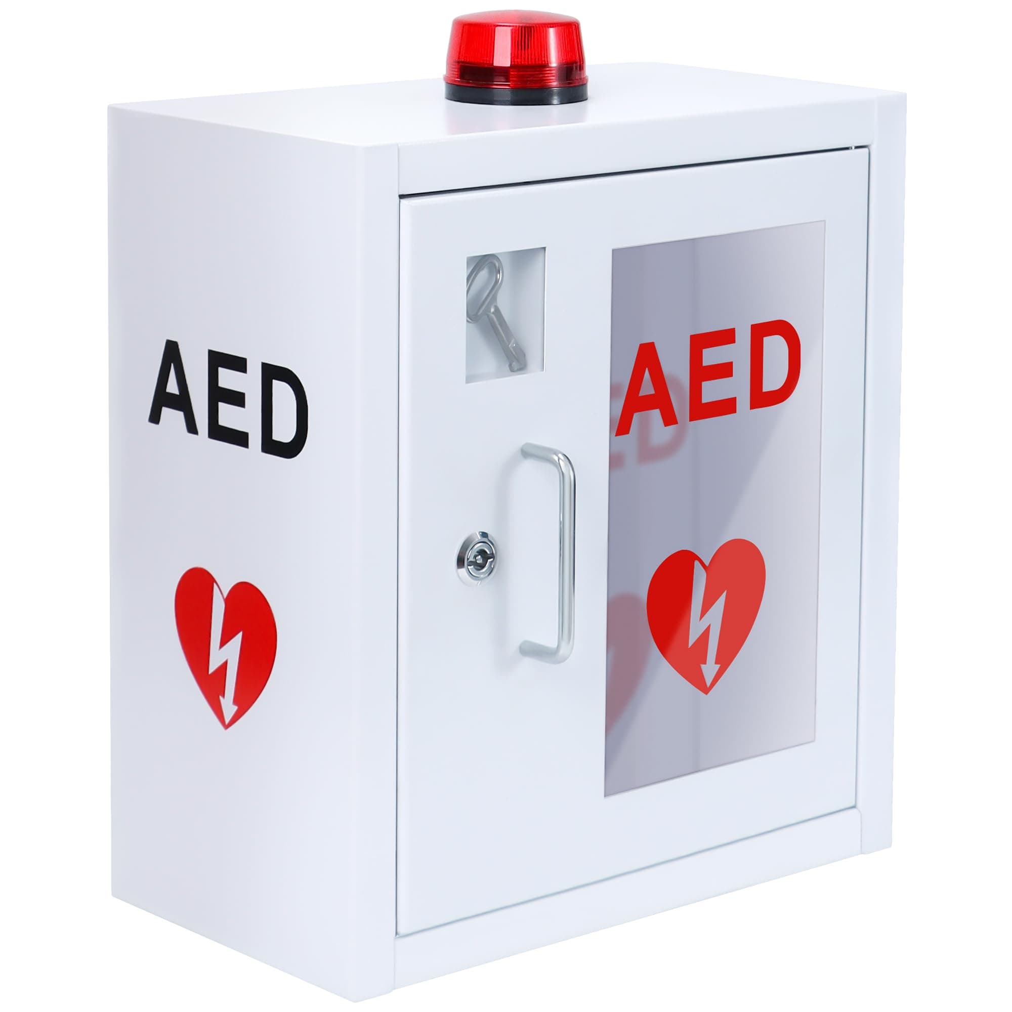 AED Cabinet, First Aid Defibrillator Wall Mounted Storage Cabinet Stainless Steel Snap Lock Fits All Brands Cardiac Science W/Alarm and Light 14 x 7.9 x 15.8 Inch