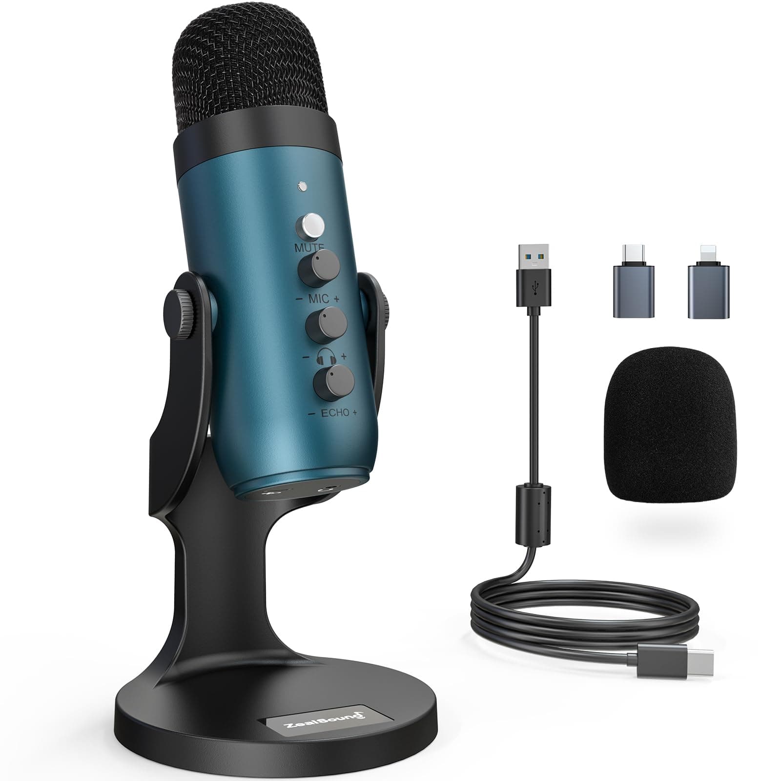 ZealSound USB Condenser Microphone,Computer PC Gaming Mic,Plug&Play Podcast Microphones for PS 4&5.Monitor Adjust&Volume Control,Mic Gain Control,Mute Button for TikTok,YouTube on Mac&Windows(Teal)