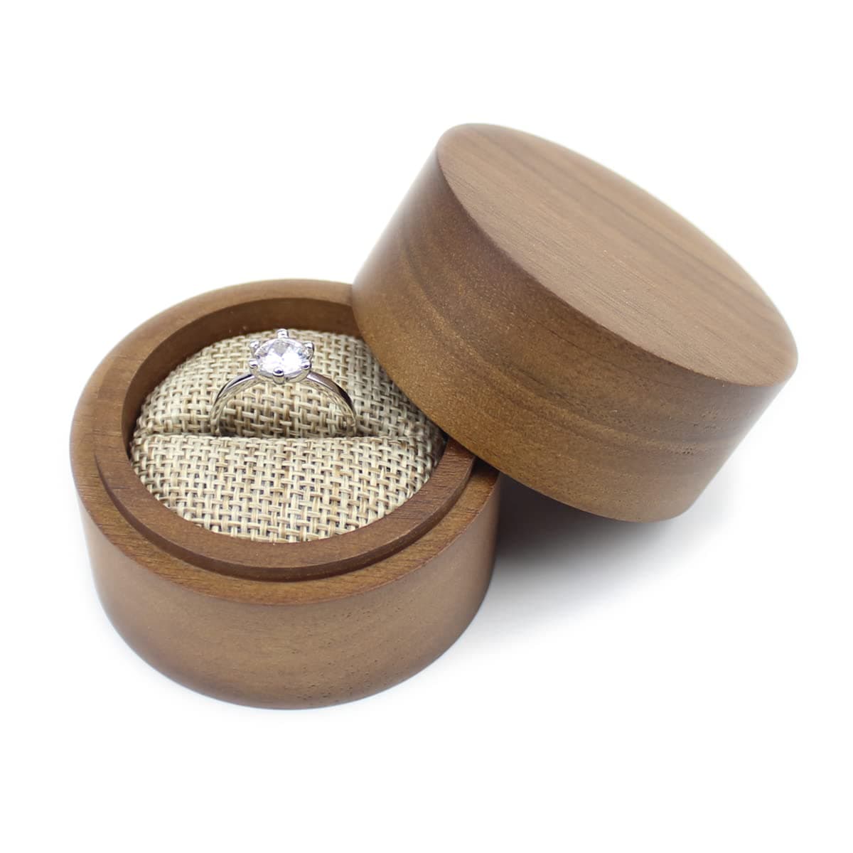 - Rustic Walnut Wooden Engagement Ring Box, Solid Wood Round Ring Box for Proposal Wedding Ring Storage