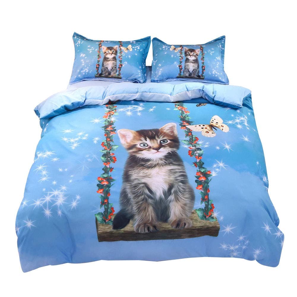 Beddinginn Cotton 4 Pieces Bedding Set Cute Cat Butterfly Print Duvet Cover Set Blue Soft Flat Sheet Set No Comforter(Queen)