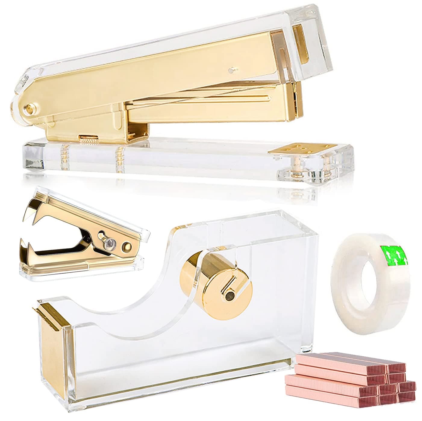 Acrylic Gold Tape Dispenser & Desktop Stapler, Includes Staple Remover, Tape, 1000pcs Staples - Cute Office Stapler Set for Modern Design Desk Accessory Kit
