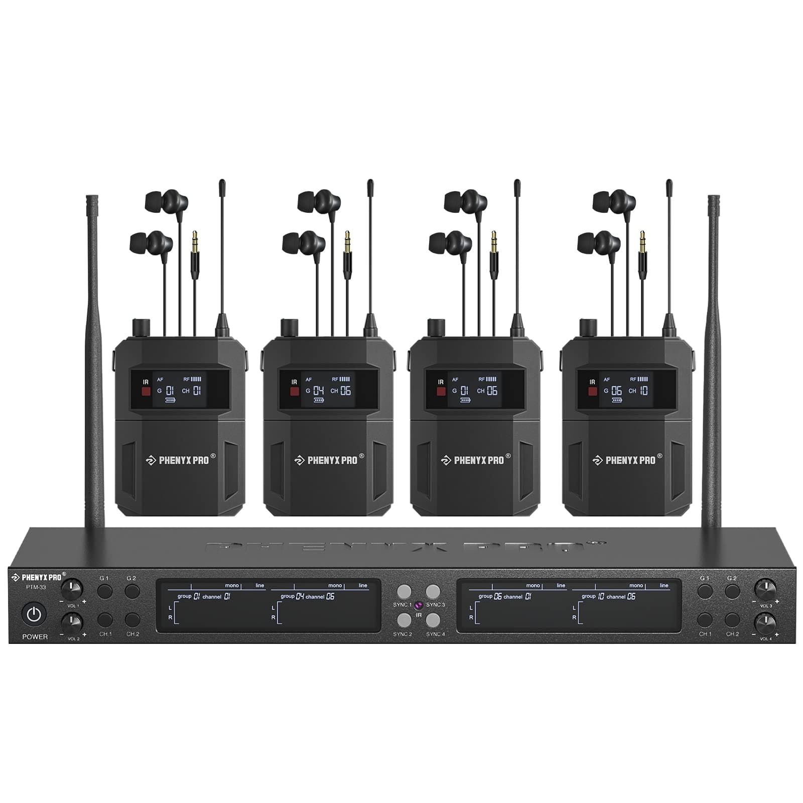 Phenyx Pro 4-Channel Wireless in Ear Monitor System w/ 4 Bodypack Receivers (PTM-33)