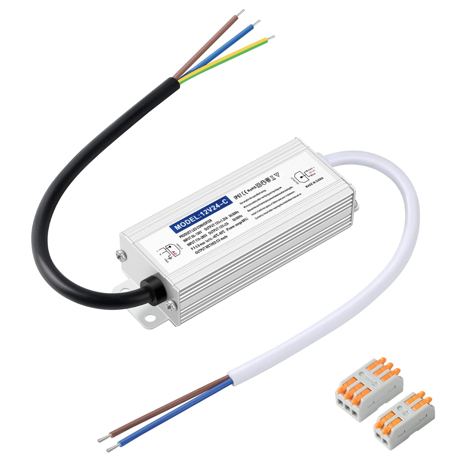 LED Transformer 24W, 12V 2A, Waterproof IP67, Constant Voltage, for Indoor and Outdoor LED Lighting