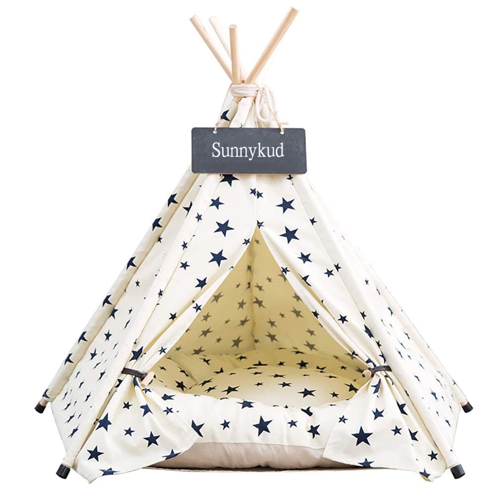 Sunnykud Pets Teepee Dogs Tent Stripes Zebra Pattern Removable and Washable Cats Tents Dog/Cat Bed Play House With Cushion 50x50x60cm