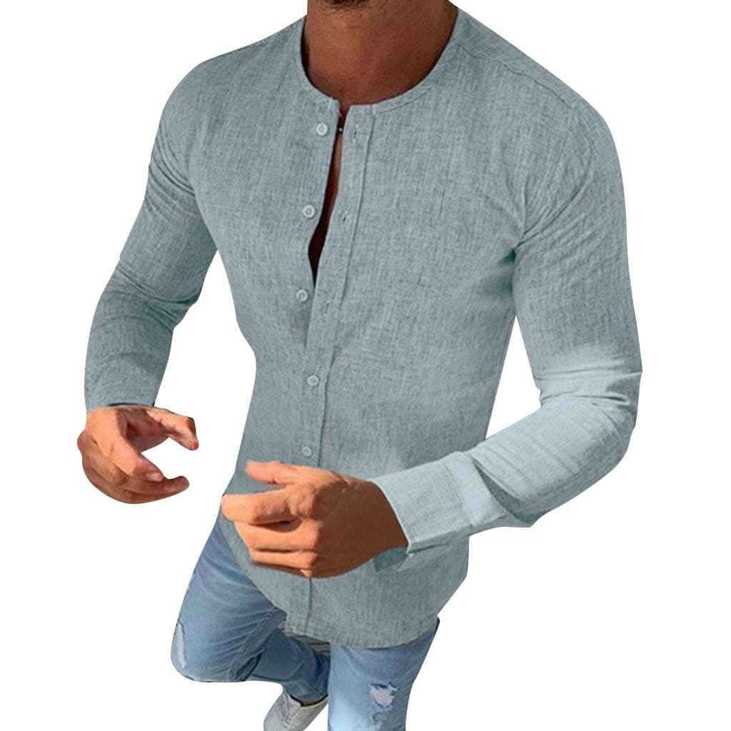 iYmitz Men's Shirts Long Sleeve Autumn Solid Color Fashion Round Neck Solid Color Leisure Shirt Slim Casual Fit Tops Retro T Shirts Blouse Henley Shirt Grandad Collar Leisure Shirts M-3XL