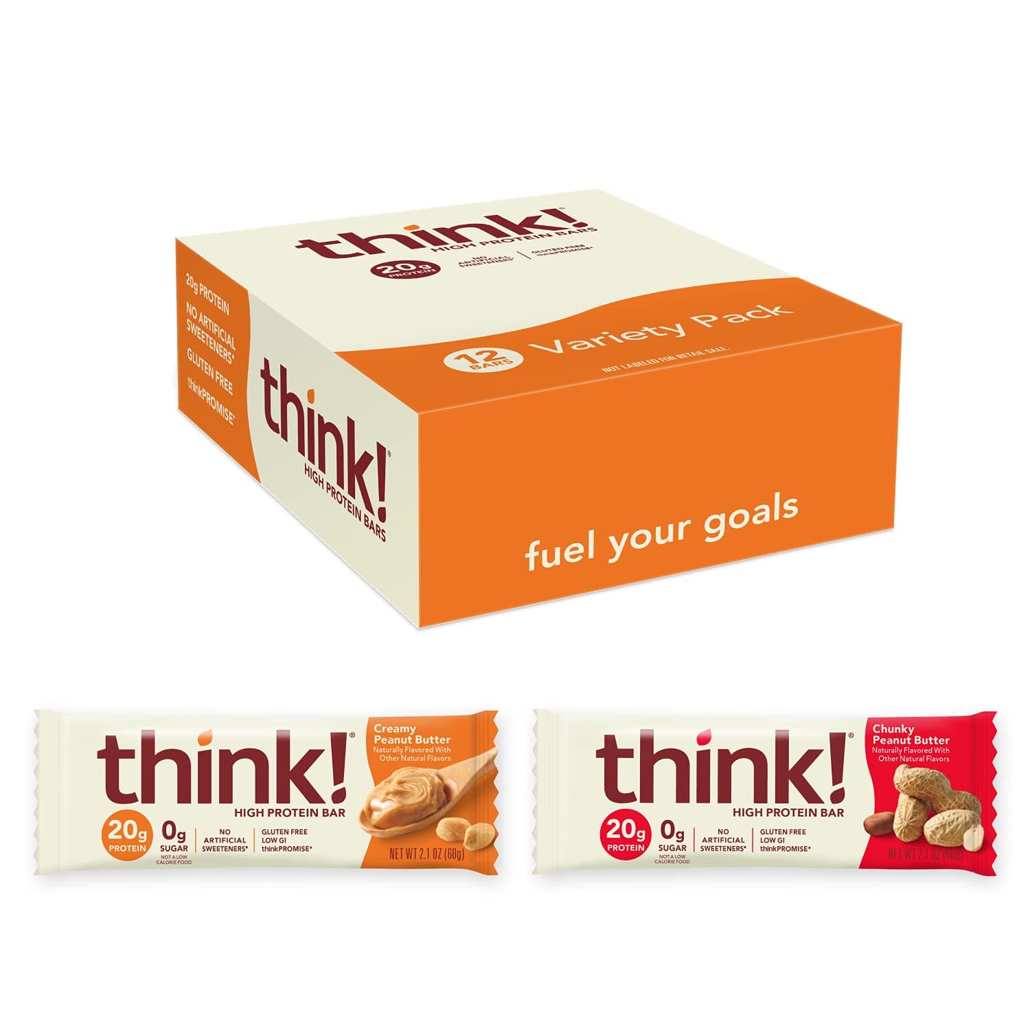 think! High Protein Bars - Peanut Butter Lover's Variety Pack, 20g Protein, 0g Sugar, No Artificial Sweeteners, GMO Free, 2.1 oz bar (12 Count)