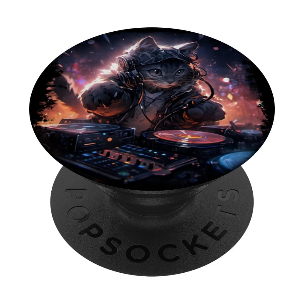 Cute cat dj spinning turntable, music lovers, raves and edm. PopSockets Standard PopGrip
