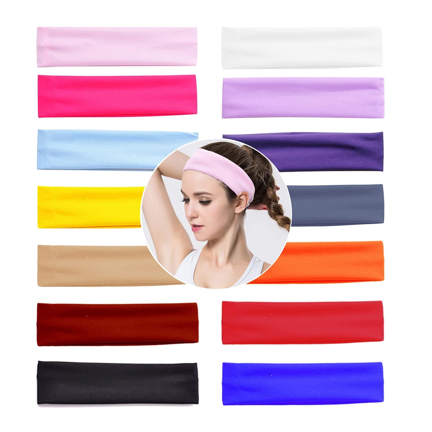 VEGCOO 14 PCS Yoga Cotton Headbands Elastic Stretch Sweatband Hairband Mixed Colors Ballet Head Band for Women/Girls Sports/Pilates/Fitness