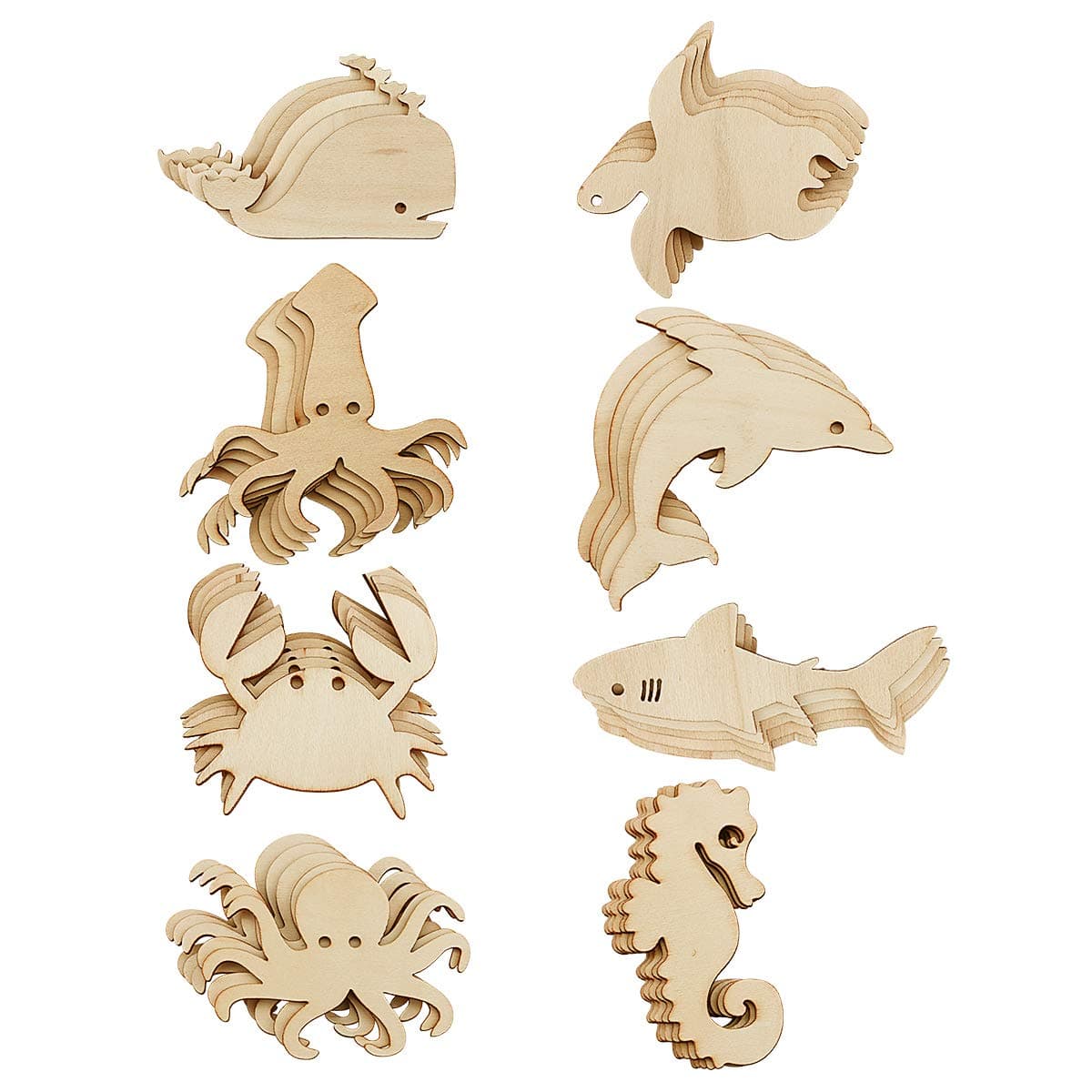 48 Pack Unfinished Wooden Ocean Sea Animal Life Cutouts,Octopus,Shark,Whale,Dolphin,Turtle,Crab,Squid,Seahorse Shapes Model for Home Decor Ornament,DIY Craft Art Project(6 PCS/Shape)