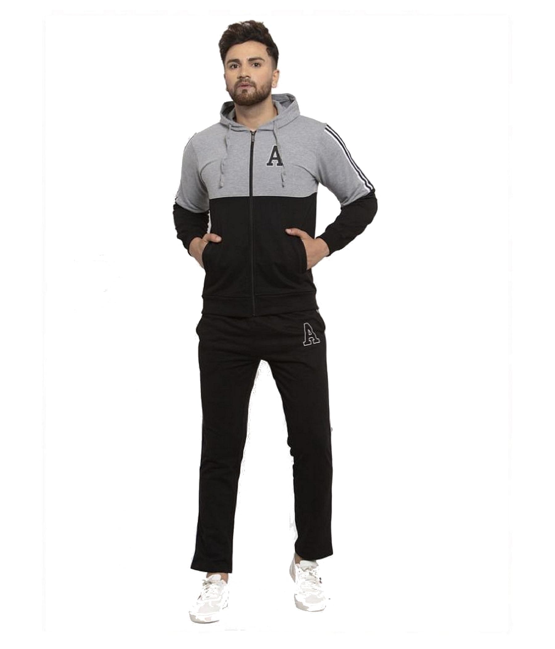 WILD WEST Mens Winter Tracksuit Warm Cotton Fleece Navy Grey & Black Colour Zipper Set (CC)