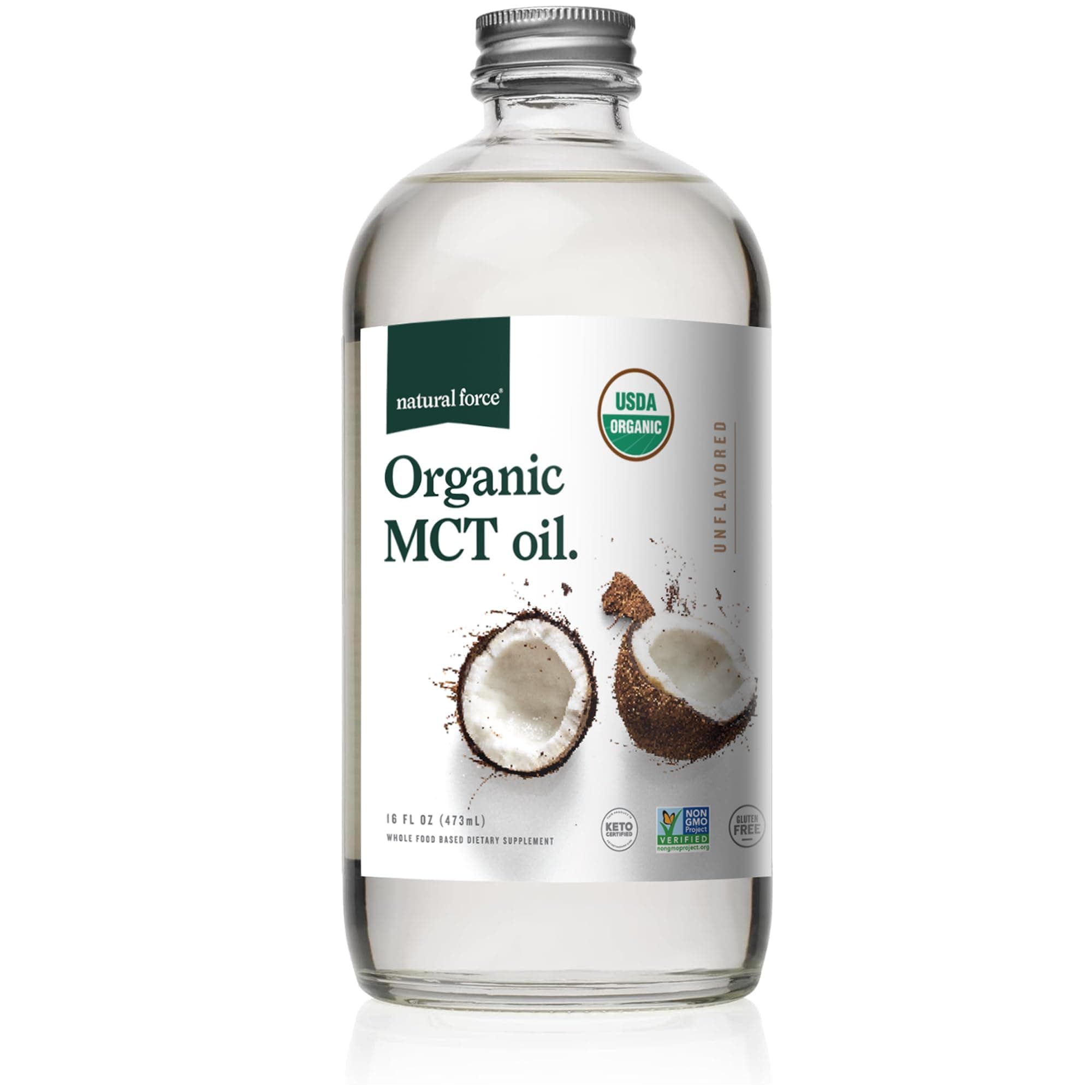Natural Force Organic MCT Oil – Pure Glass Bottle – Made from 100% Cold Pressed Virgin Coconut Oil + Certified Keto, Paleo, Kosher, Vegan & Non-GMO – Lab Tested for Quality and Purity - 16 Ounce