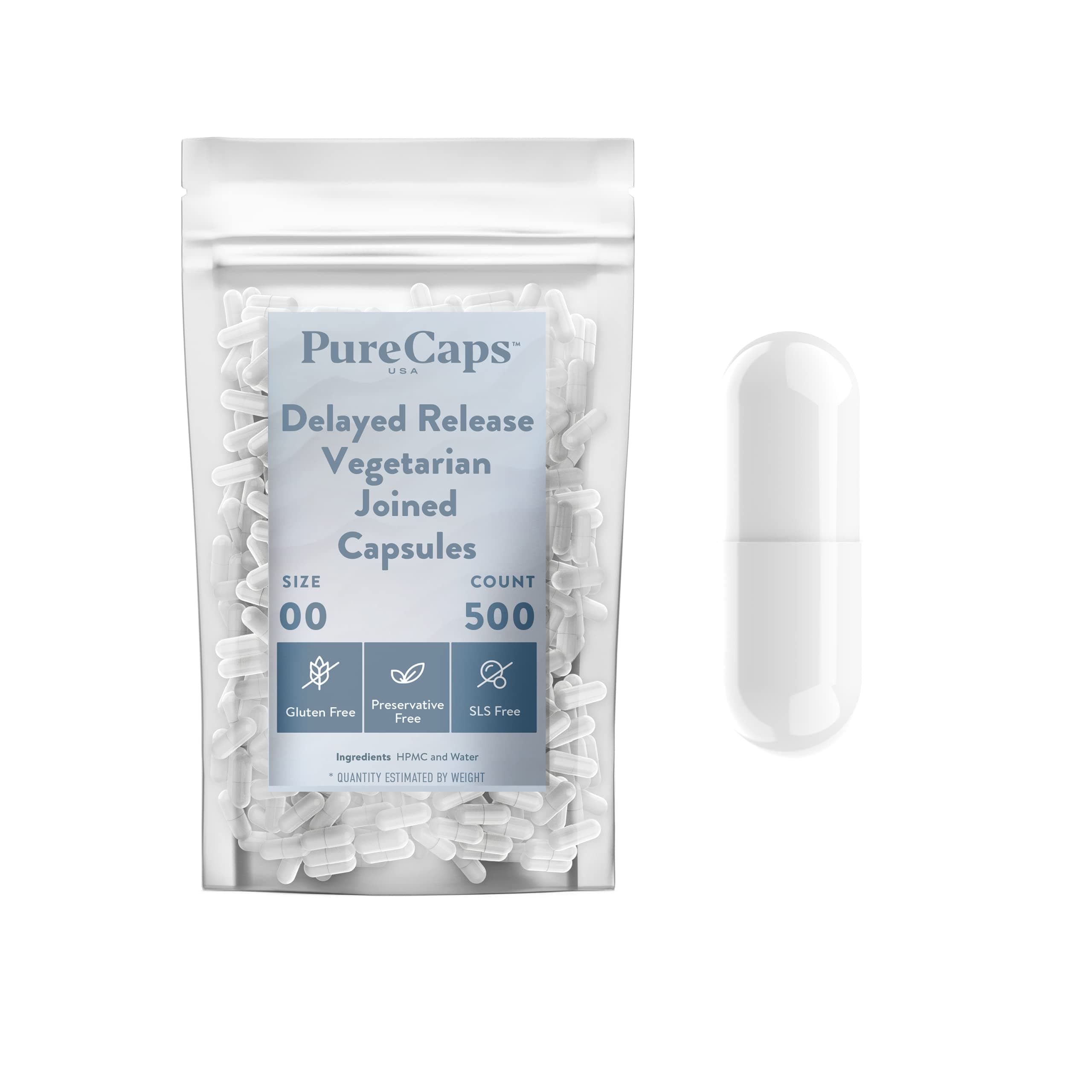 PureCaps USA - Empty Vegetarian and Vegan Delayed Release/Acid-Resistant Pill Capsules Size 00| 500 JoinedPills|White| Non-GMO Certified | SLS, Gluten, Preservative Free