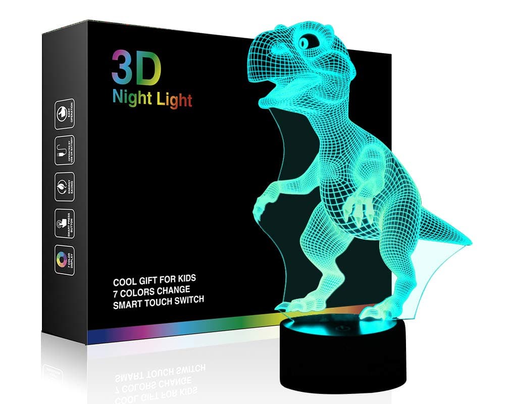 WKUSNL-ND009 3D Children Kids Night Lamp, Dinosaur Toys for Boys, 7 LED Colors Changing Lighting, Touch USB Charge Table Desk Bedroom Decoration, Cool Gifts Ideas Birthday Xmas for Baby Friends