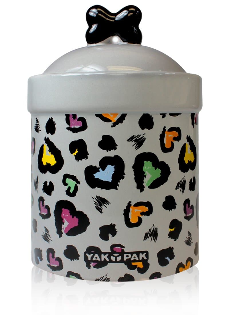 Yak Pak Grey Heart Leopard Dog Treat Jar, 7-inch