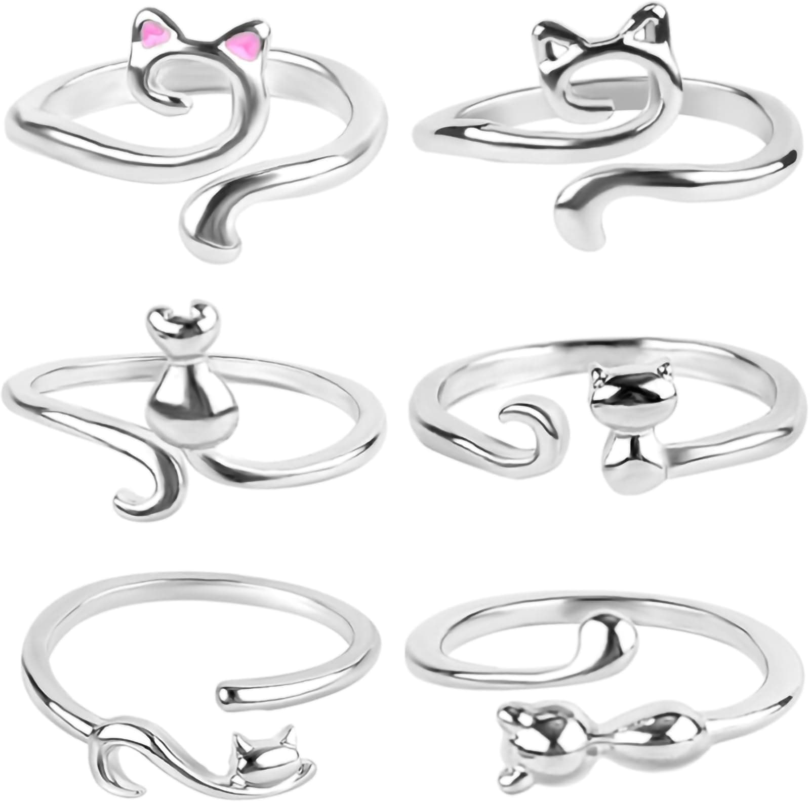 Paporich Crochet Tension Ring - Adjustable Silver Cat Yarn Guide for Finger, Knitting Accessories for Women (Pack of 6)