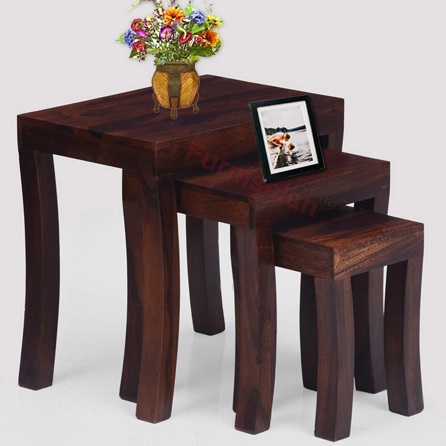 Furniselan Sheesham Wood Stool Set of 3 Nesting Tables (Standard Size_Maple Finish)