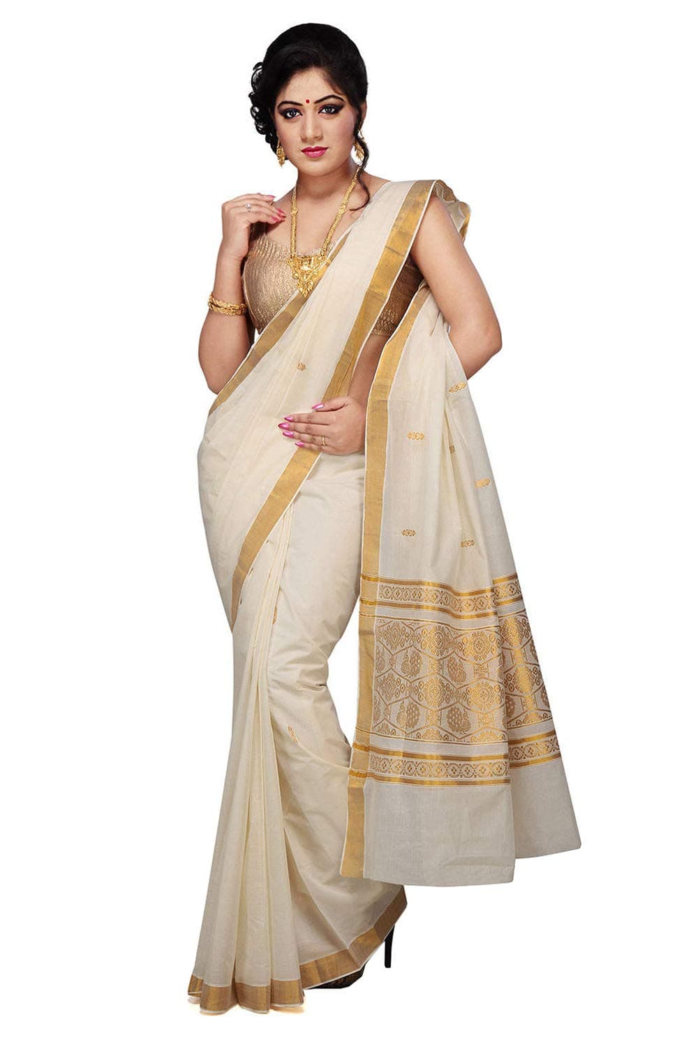 Rsv fabrics Women Kerala Kasavu Cotton Sarees, Beige