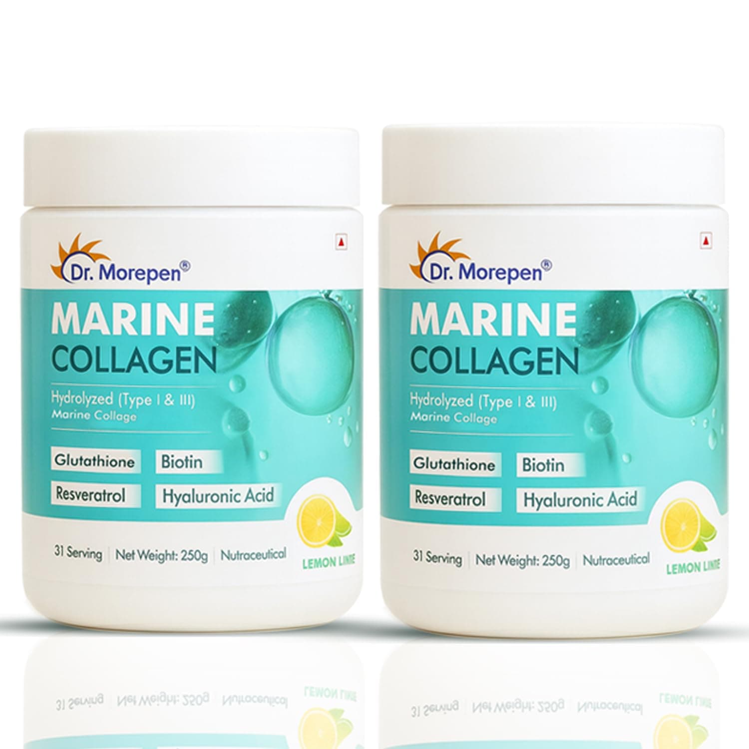 Marine Collagen Powder with Glutathione, Hyaluronic Acid, Resveratrol & Biotin for Skin, Hair & Joint Support, Lemon Lime Flavour, 31 Servings – 250g Pack of 2