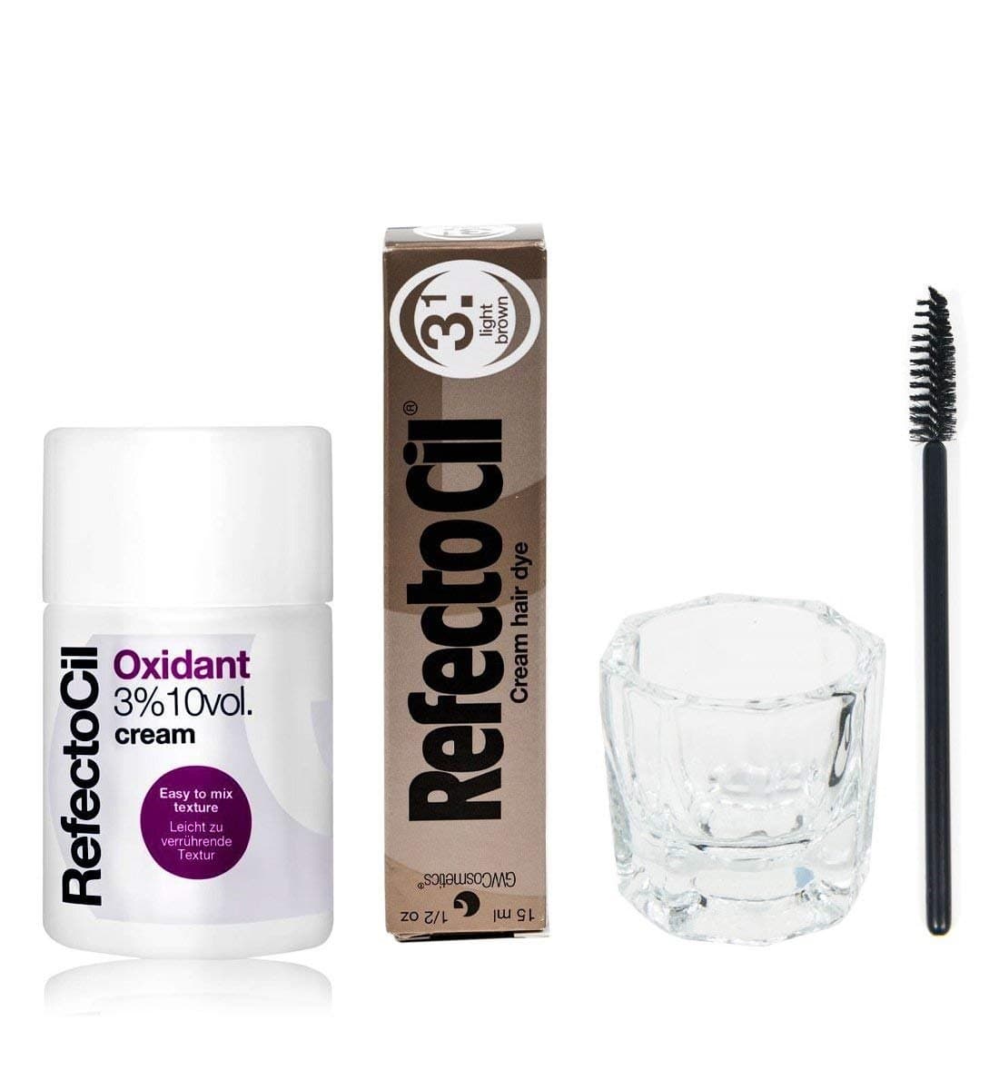 KIT - Light Brown Cream Hair Dye + Creme Oxidant 3 Pure 3.4oz + Mixing Dish + Mascara Brush
