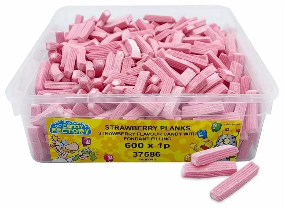 Crazy Candy Factory Dairy Free Strawberry Planks Sweets Tub - 780g Fondant Centre Flavoured Candy
