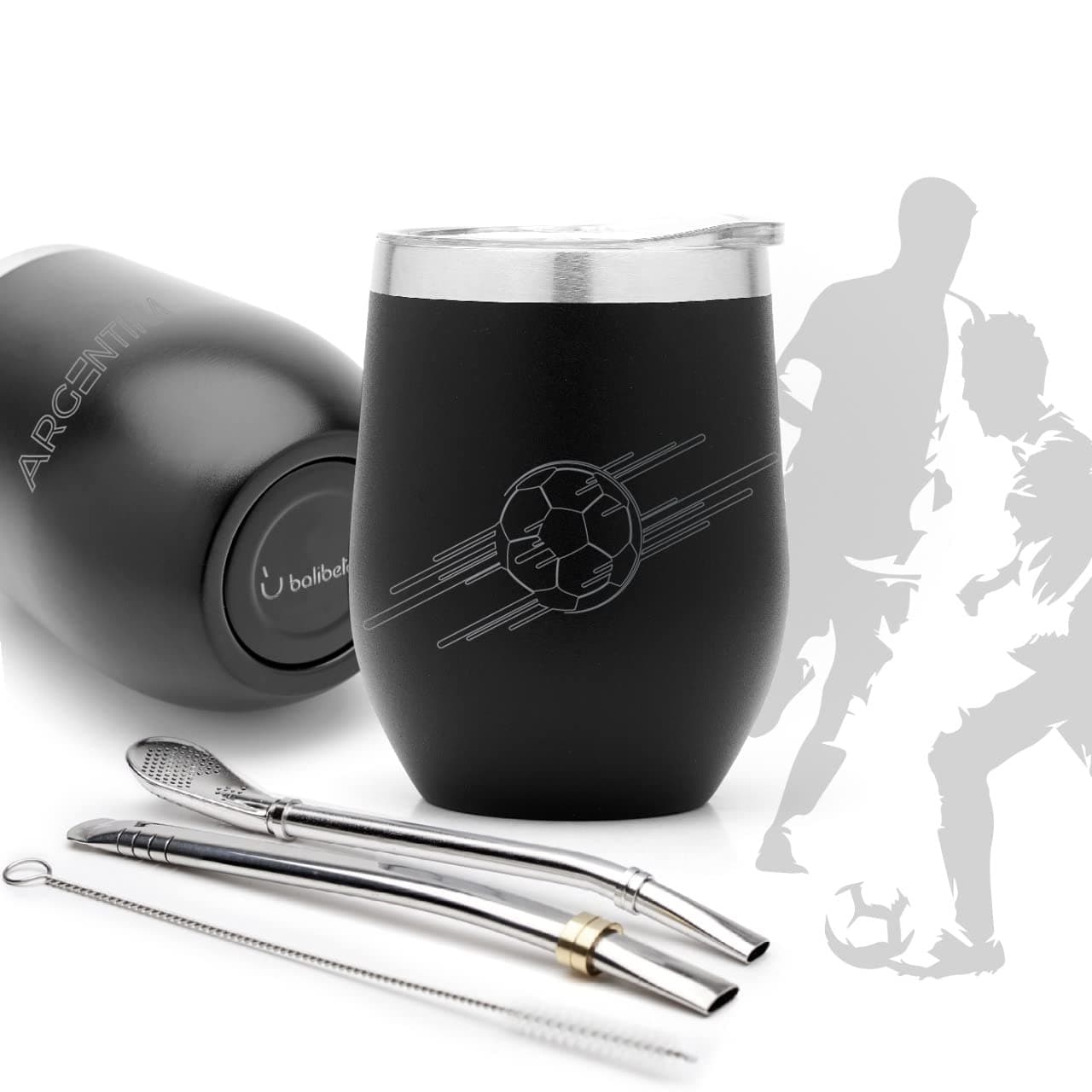 BALIBETOVModern Mate Cup And Bombilla Set (World Cup Qatar 2022 special edition) - Includes Double Walled 18/8 Stainless Steel Mate Cup, Two Bombilla(Straw) and a Cleaning Brush (8 oz, Black)