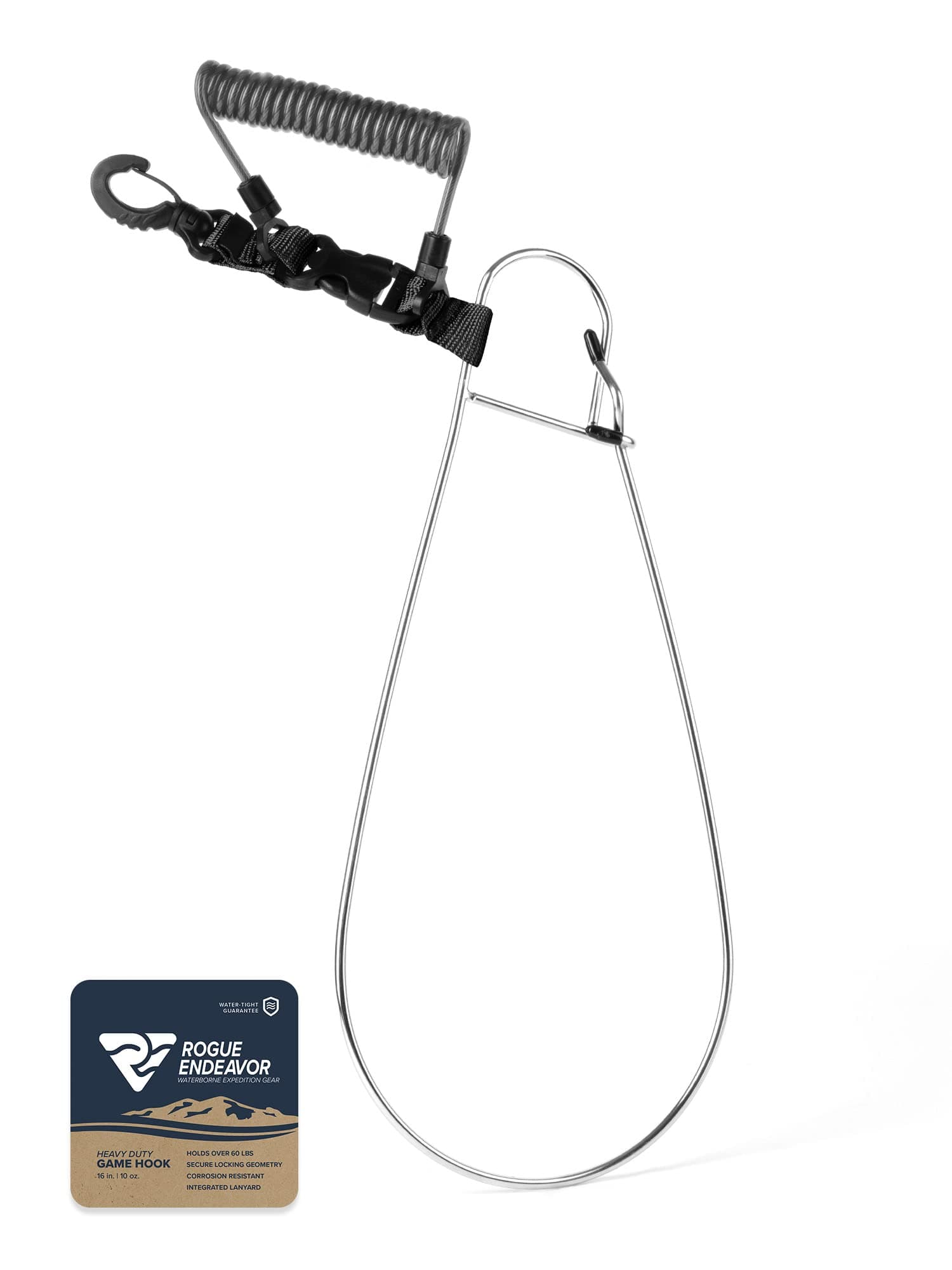 Rogue Endeavor® Fish Stringer Clip, Large, Stainless Construction, Quick Release 36” Steel Core Lanyard, Designed for Spearfishing, Kayak Fishing & Scuba Diving and All Fish Types