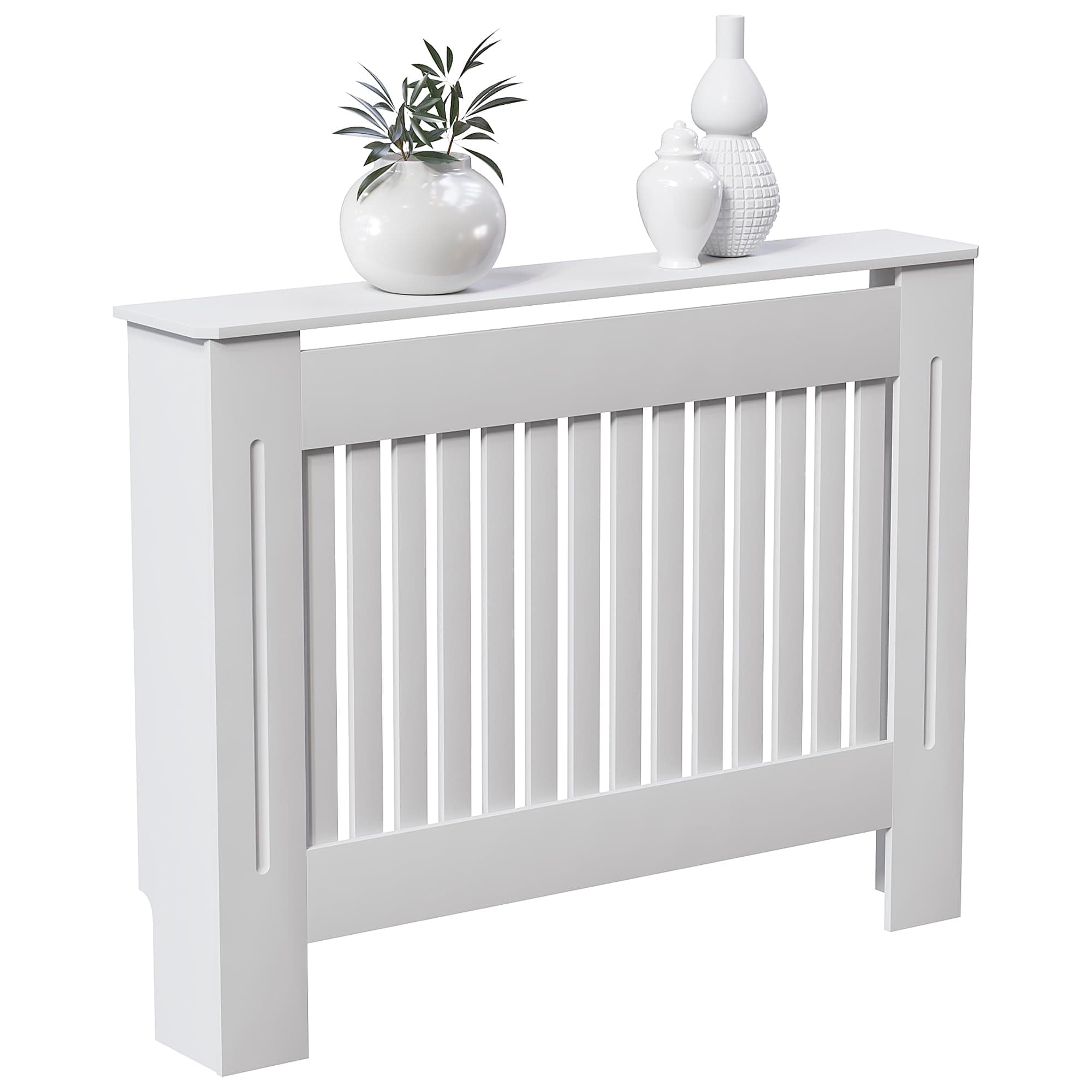 Chelsea Radiator Cover White - Medium - Modern Vertical Slat Design For Optimal Heat Circulation - H82xW111xD19cm - Painted MDF Cabinet Ideal For Living Room & Hallway