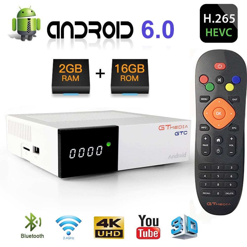 GT Media GTC Android 6.0 TV Box + DVB-S2/T2/Cable/ISDBT Digital TV Satellite Receiver Decoder TDT, Amlogic S905D【2GB+16GB】BT 4.0, 4K/H.265/MPEG-4 WiFi 2.4G, Compatible with CCcam, YouTube, IPTV