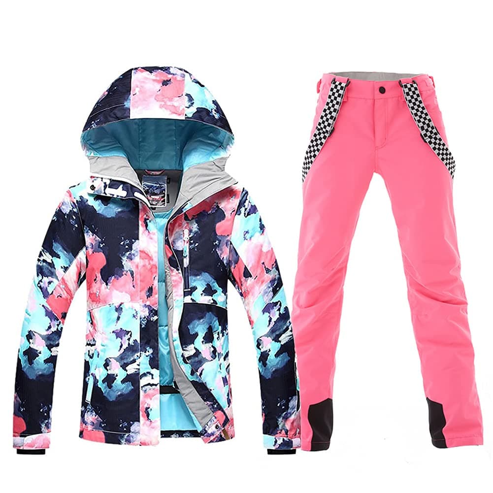 Women's Ski Bib Suit Jacket Waterproof Snowboard Colorful Printed Ski Jacket and Pants Set